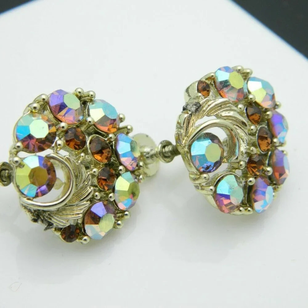 Lisner AB Topaz Rhinestone Flower Gold Tone Screw